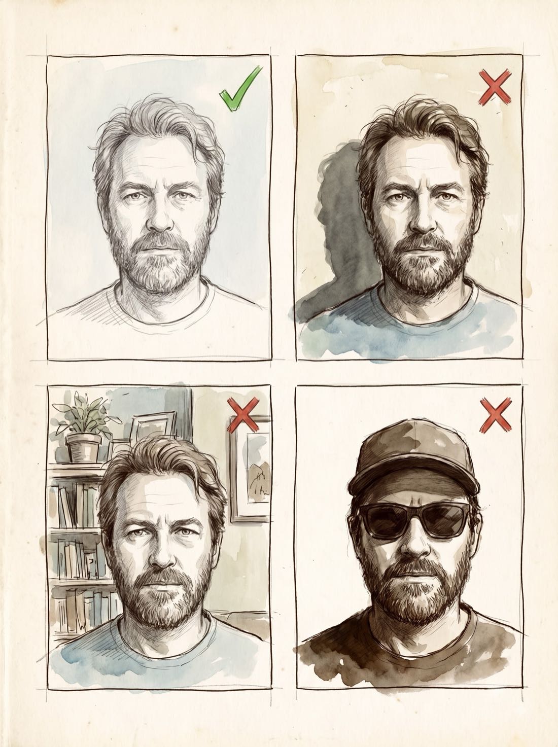 Four visa photo examples: one correct and three with typical mistakes